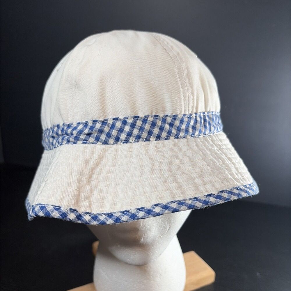Vtg White Cotton With Blue Ghingham Check Light Summer Bucket Hat Sz S-M